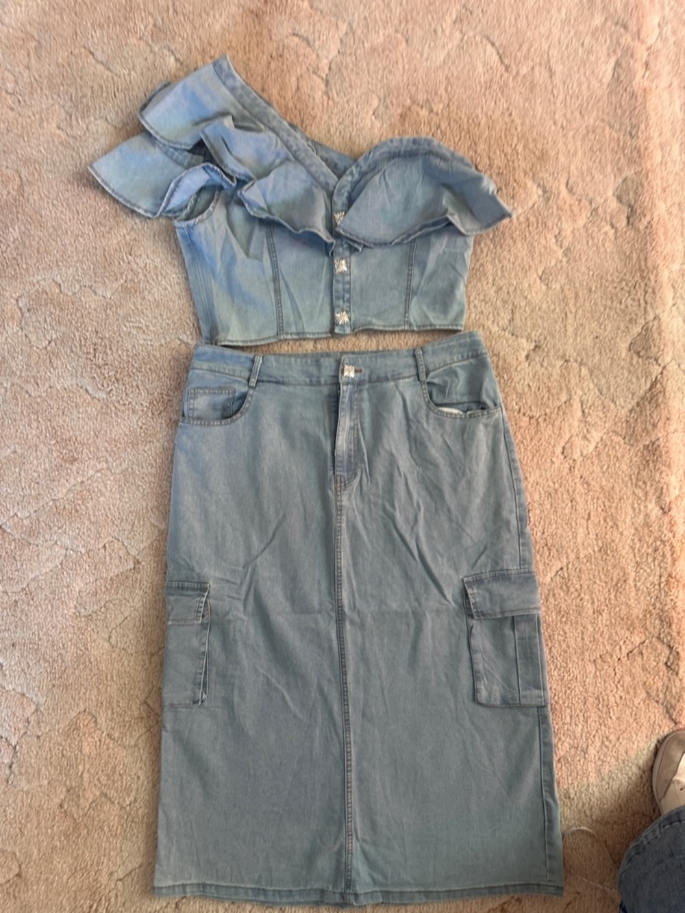 Pastels Light Blue Denim 2 Piece Set Midi Skirt with Cargo Pockets- NWT